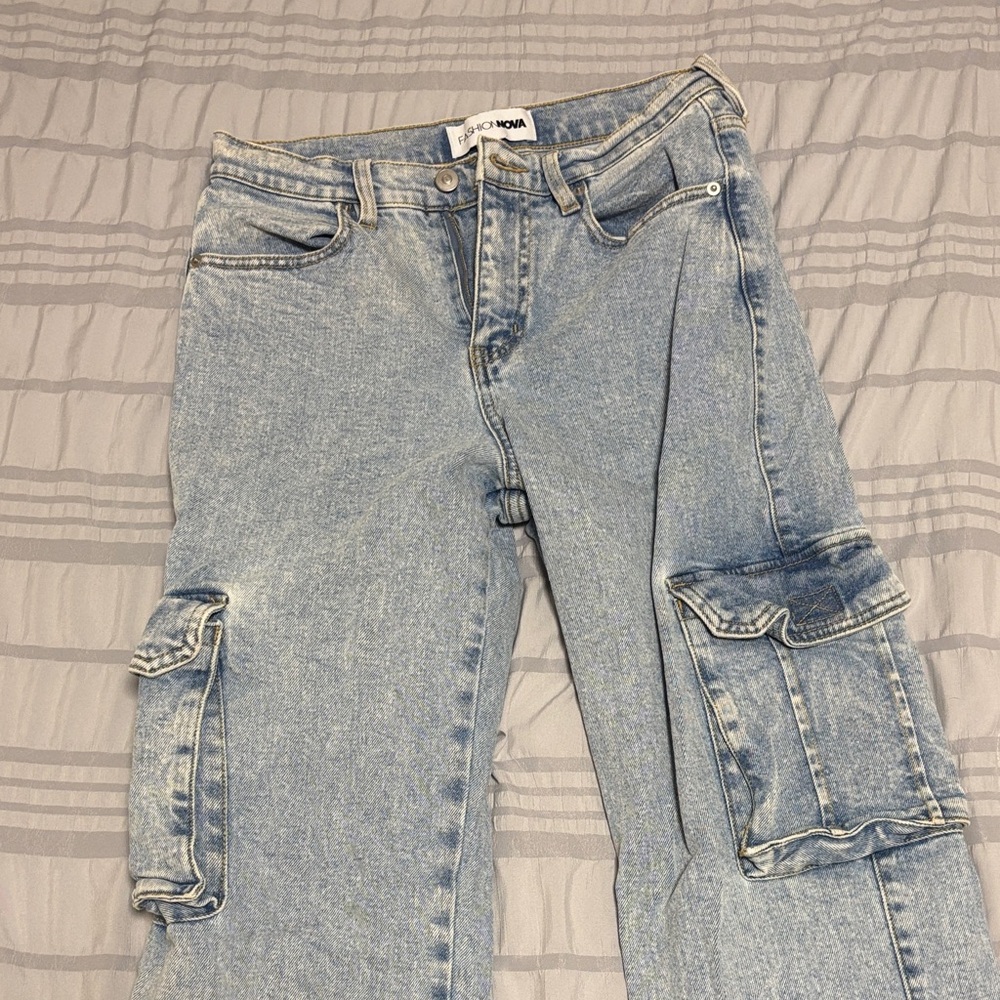 Just A Fling Stretch Straight Leg Cargo Jean -
Light Wash - Picture 5 of 6